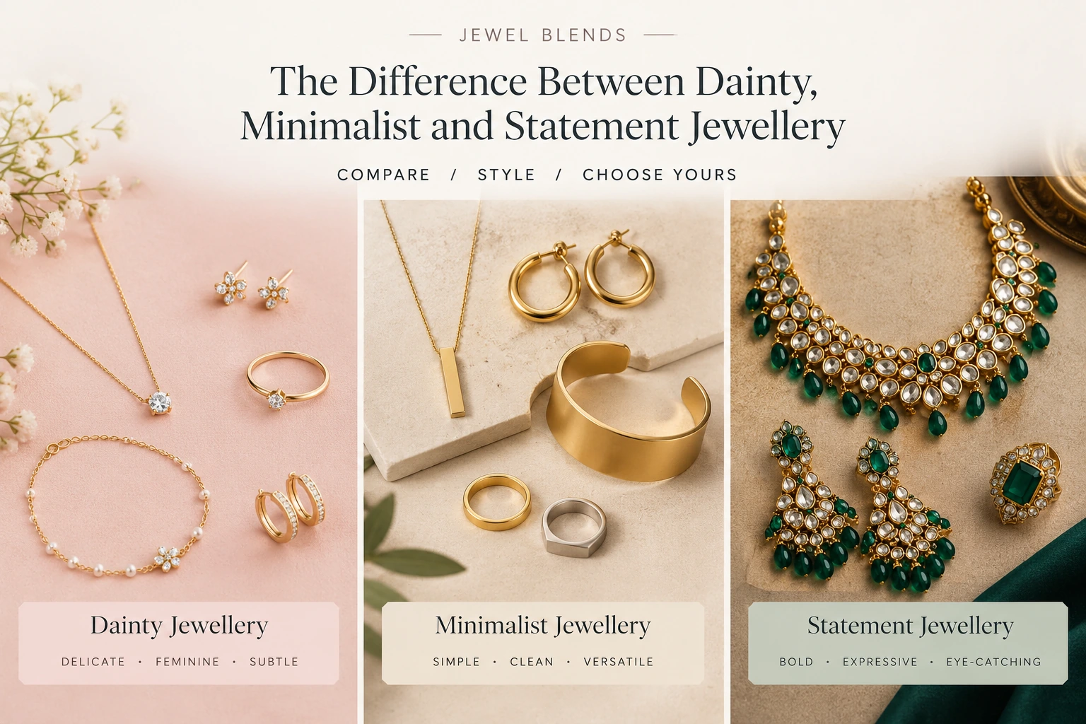 comparision of dainty-minimalistjewelley-statement jewellery